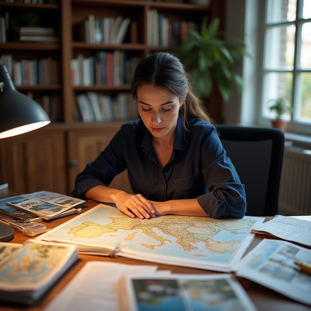 Team editoriale che studia mappe e documenti di ricerca su destinazioni europee