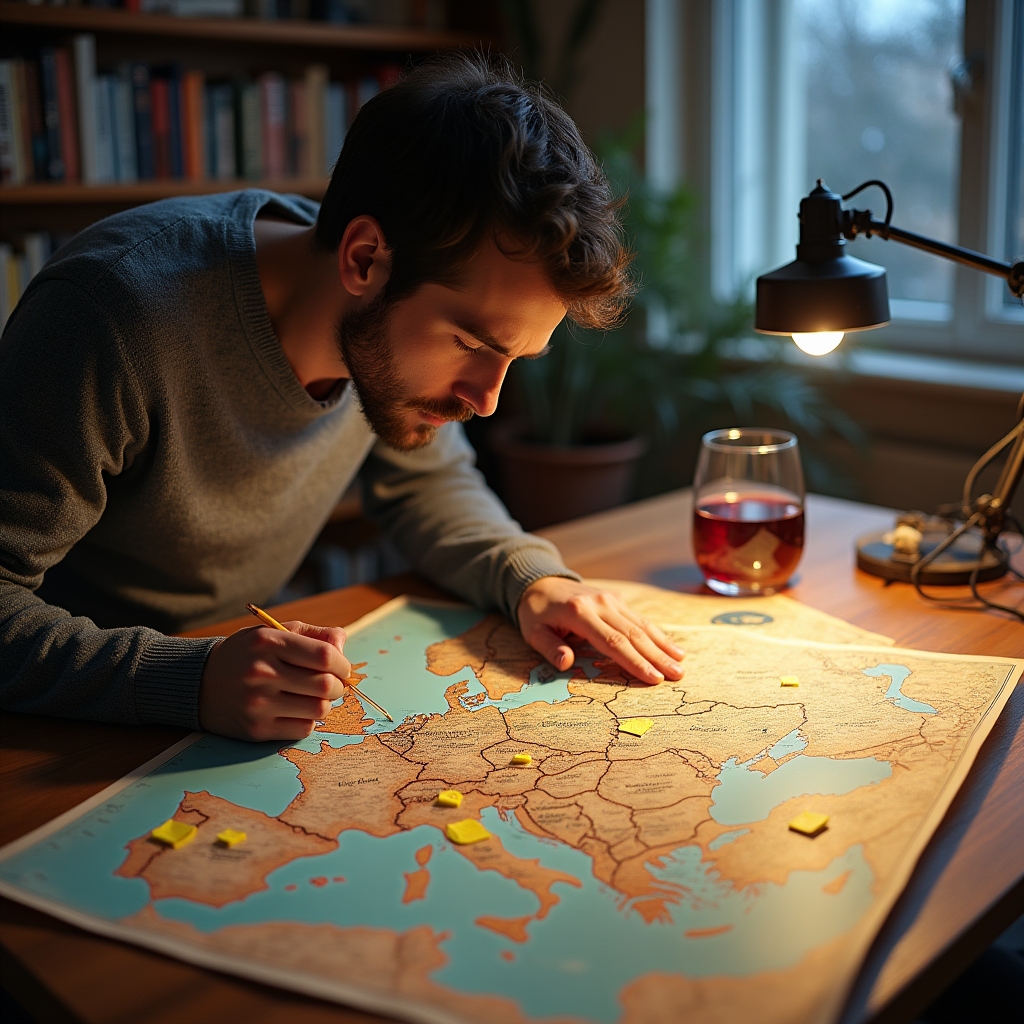 Mappa d'Europa aperta su tavolo con itinerario segnato a matita e appunti laterali